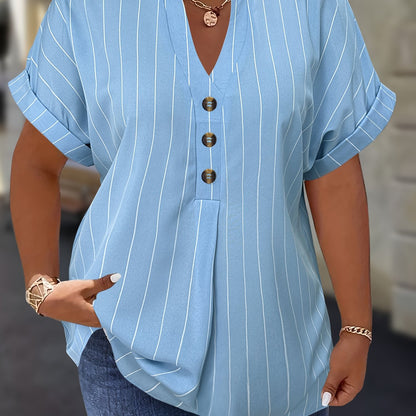 Salla™ | Plus-koko Blouse Raitamaisilla Hihoilla ja Napilla
