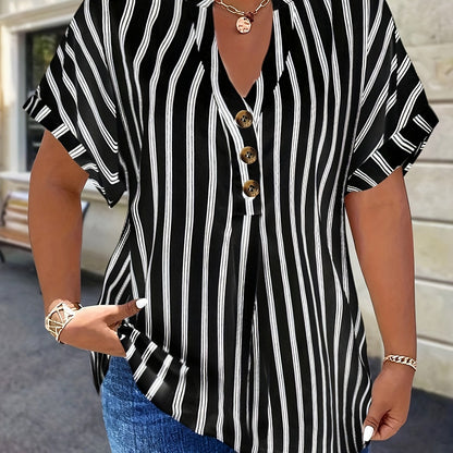 Salla™ | Plus-koko Blouse Raitamaisilla Hihoilla ja Napilla