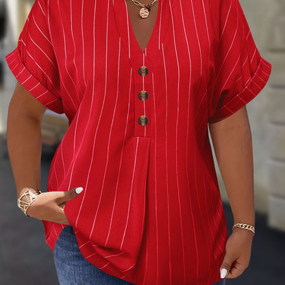 Salla™ | Plus-koko Blouse Raitamaisilla Hihoilla ja Napilla