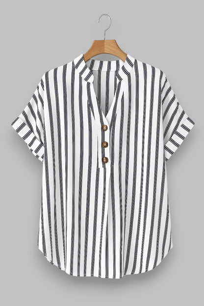 Salla™ | Plus-koko Blouse Raitamaisilla Hihoilla ja Napilla