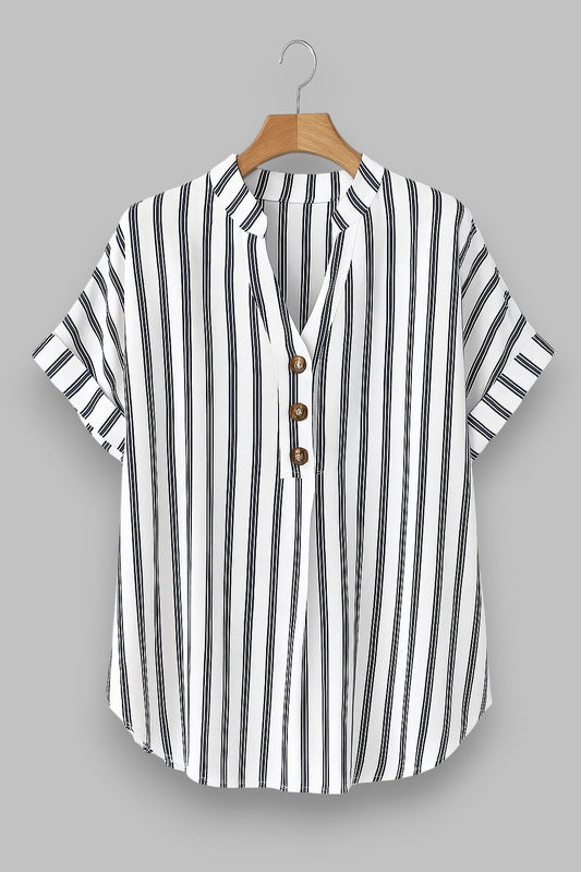 Salla™ | Plus-koko Blouse Raitamaisilla Hihoilla ja Napilla