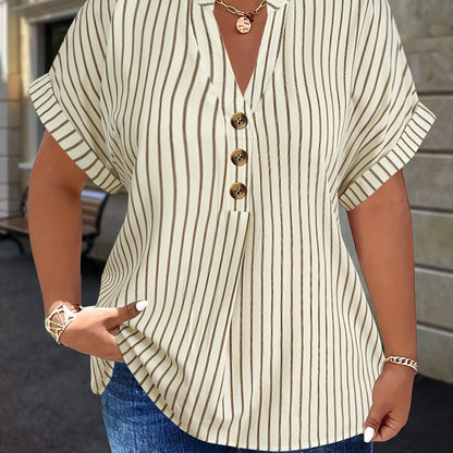 Salla™ | Plus-koko Blouse Raitamaisilla Hihoilla ja Napilla