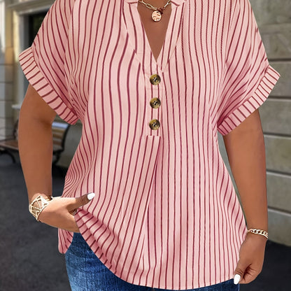 Salla™ | Plus-koko Blouse Raitamaisilla Hihoilla ja Napilla