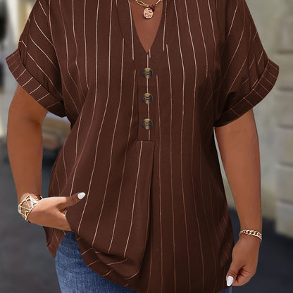 Salla™ | Plus-koko Blouse Raitamaisilla Hihoilla ja Napilla