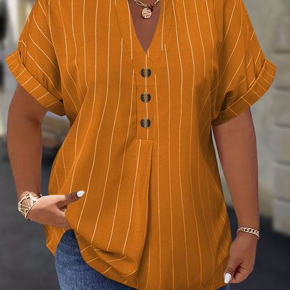 Salla™ | Plus-koko Blouse Raitamaisilla Hihoilla ja Napilla
