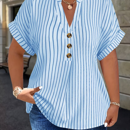 Salla™ | Plus-koko Blouse Raitamaisilla Hihoilla ja Napilla