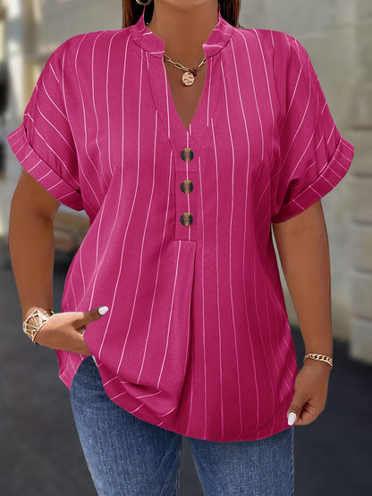 Salla™ | Plus-koko Blouse Raitamaisilla Hihoilla ja Napilla