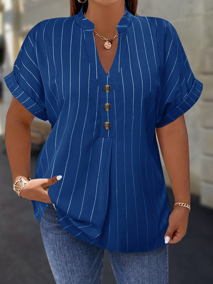 Salla™ | Plus-koko Blouse Raitamaisilla Hihoilla ja Napilla